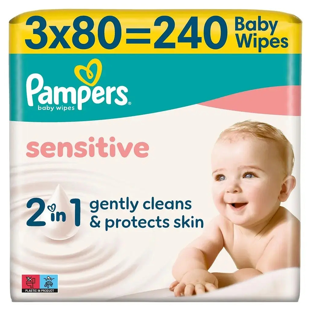 Дитячі вологі серветки Pampers Sensitive 3 x 80 шт (240 шт) (8006530134521)