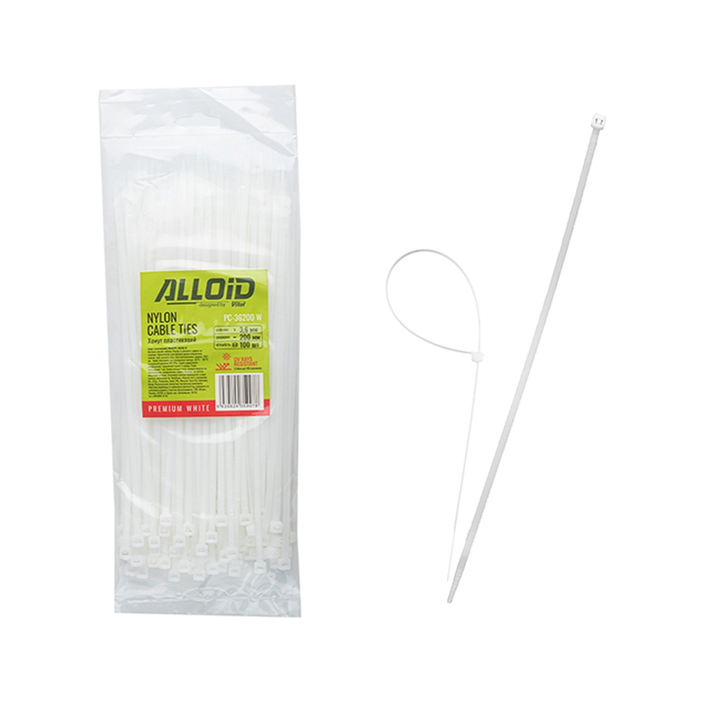 Стяжка Alloid 3.6х200мм, пластик, 100шт./уп., білий (PC-36200W)