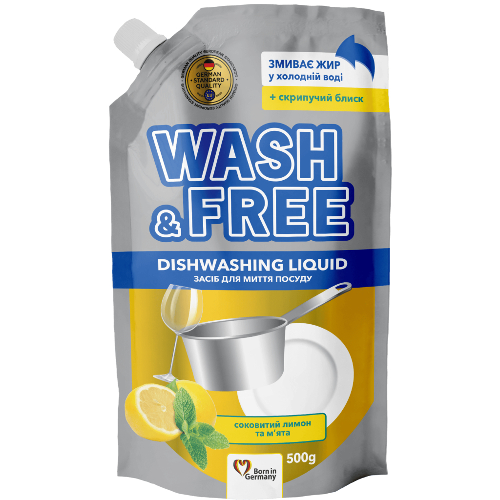 Засіб для ручного миття посуду Wash&Free Соковитий лимон та м'ята Дой-пак 500 г (4823128001317)