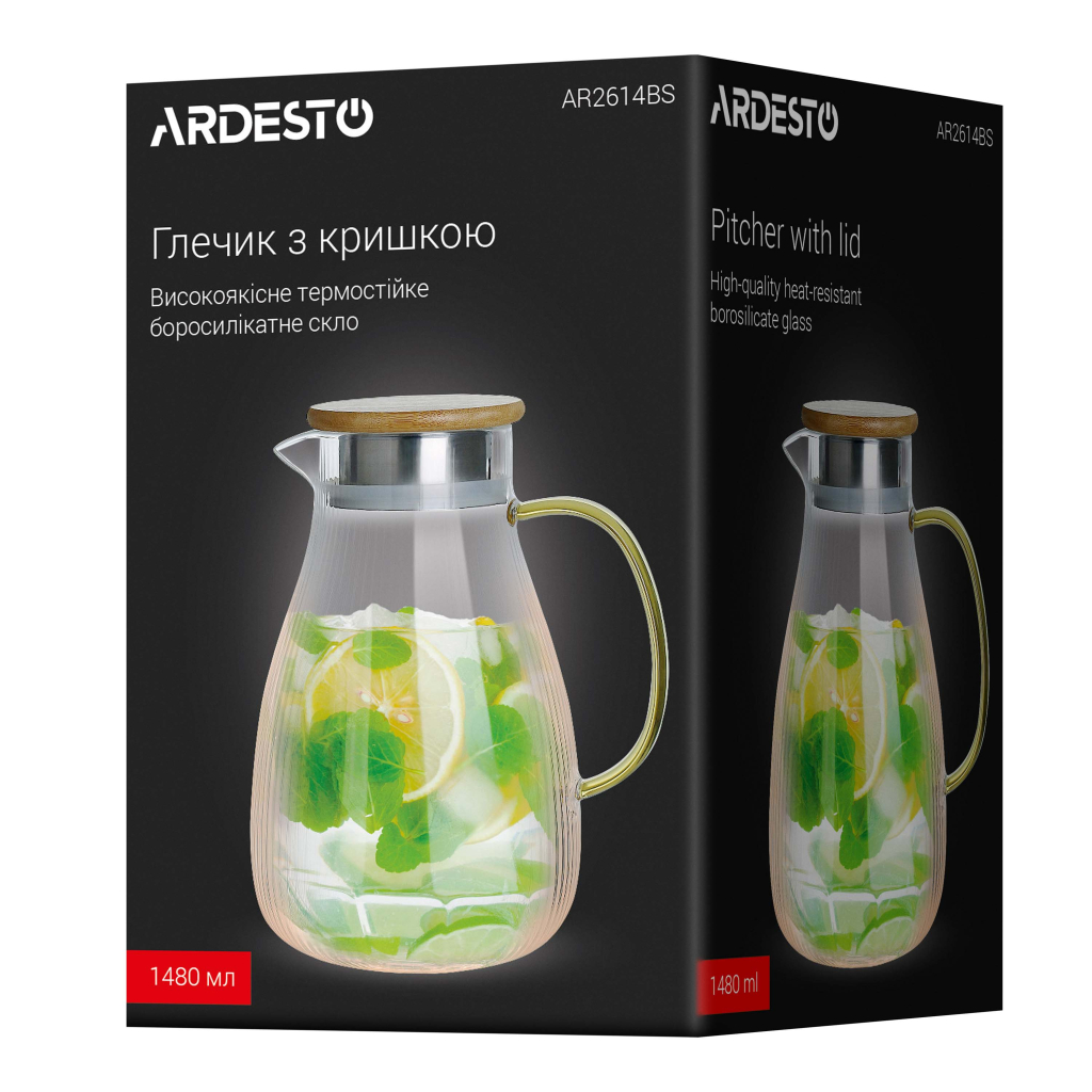 Глечик Ardesto 1480мл, боросилікатне скло, нержавіюча сталь, бамбук, прозорий (AR2614BS)