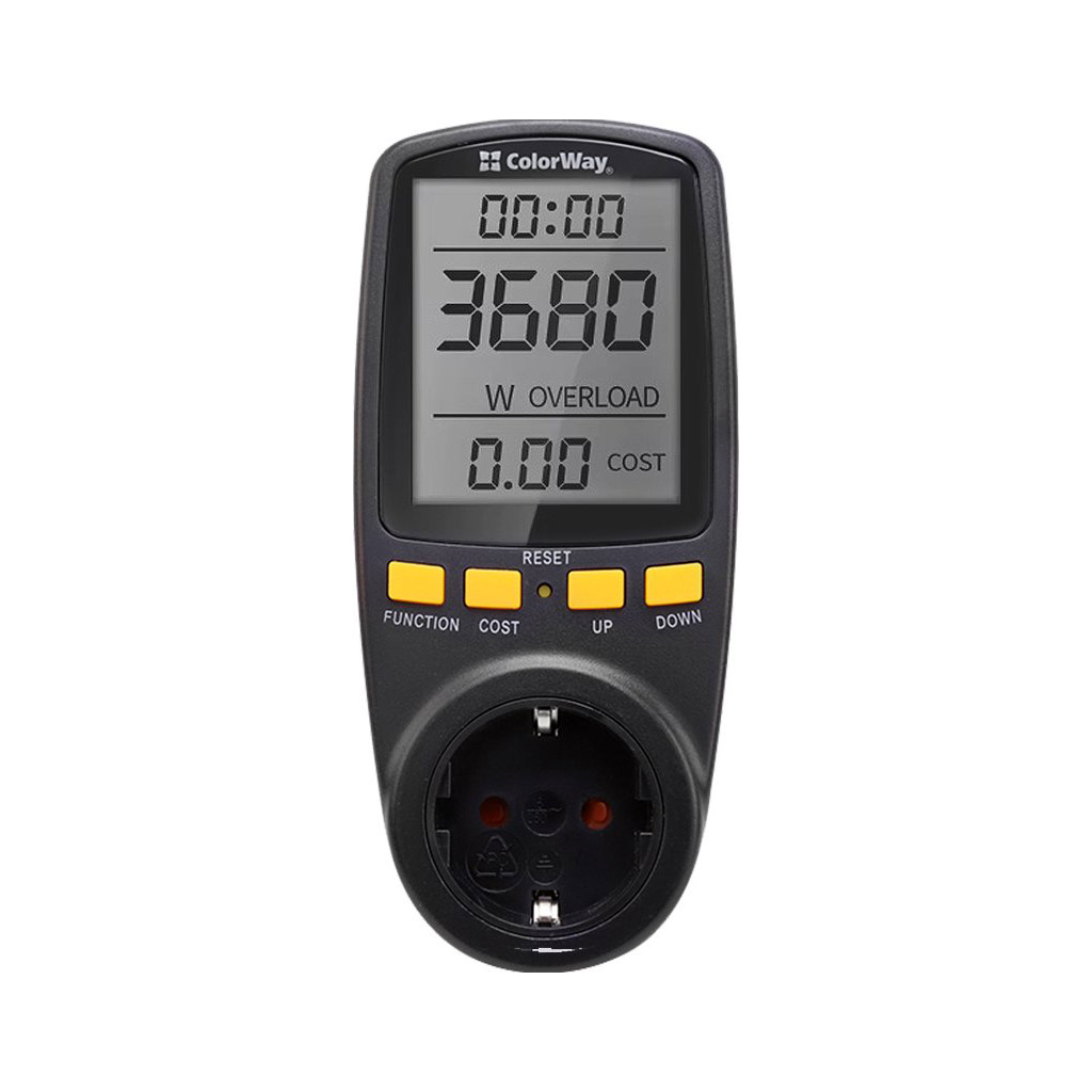 Ватметр ColorWay цифровий 16A/3680W, black (CW-VM16-02D)