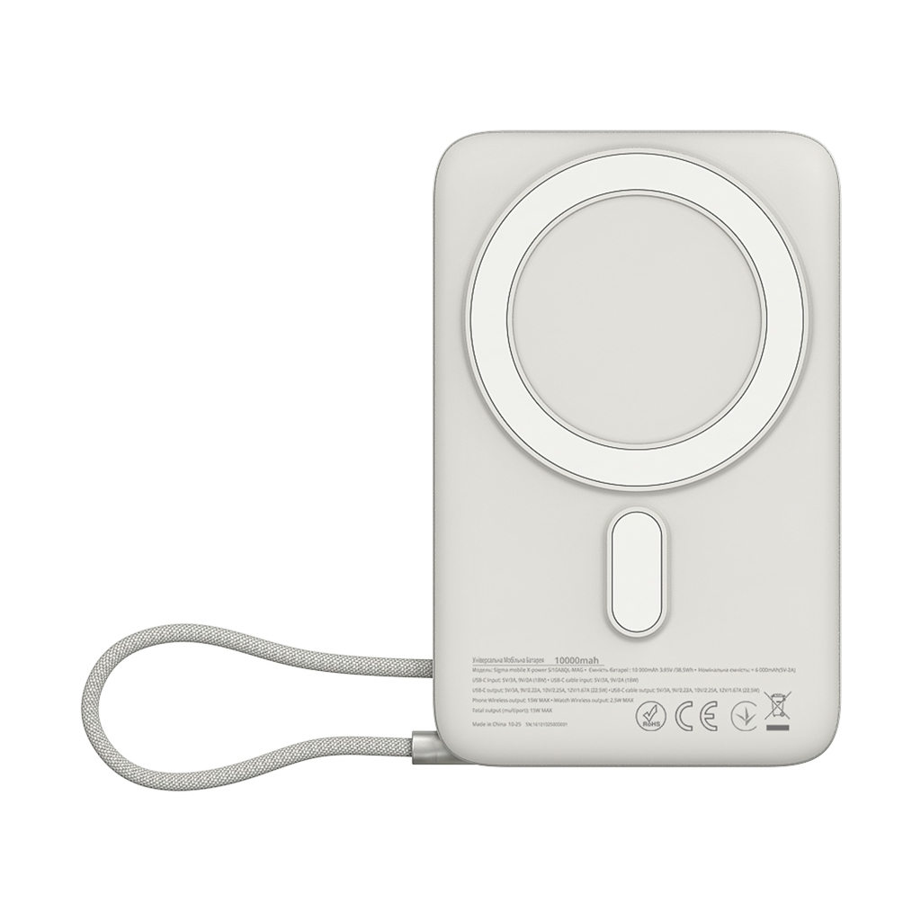 Повербанк Sigma X-power SI10A8QL-MAG silver 10000mAh, Magnetic wireless 15W, charge iWatch, PD+QC, 22,5W max (4827798161012)