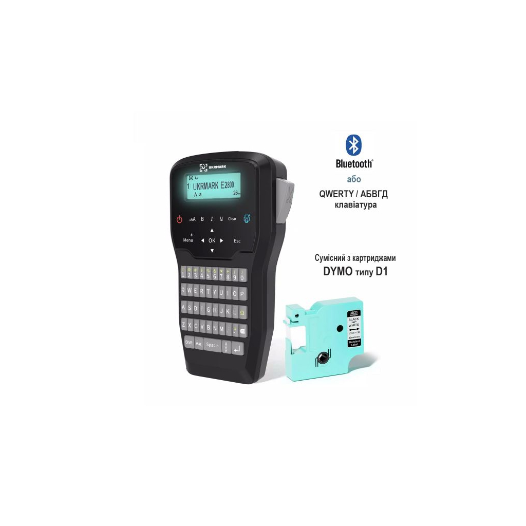 Принтер етикеток UKRMARK E2800, Bluetooth, QR та штрих-коди, сумісний з картриджами DYMO D1, 6–12 mm (900449) Принтер етикеток UKRMARK E2800, Bluetooth, QR та штрих-коди, сумісний з картриджами DYMO D1, 6–12 mm (900449)