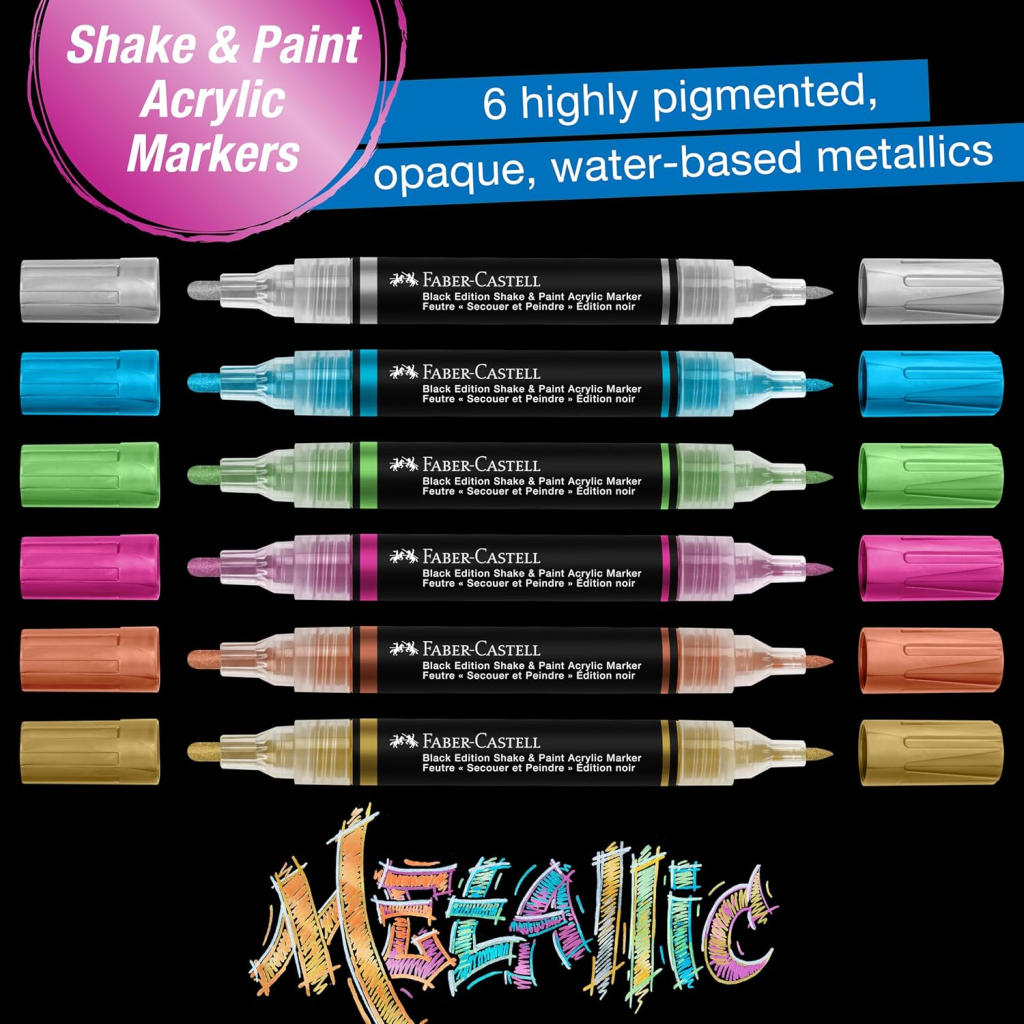Набір маркерів Faber-Castell акрилові двобічні Black Edition Shake & Paint Acrylic Marker, 6 кольорів металіків (33049)