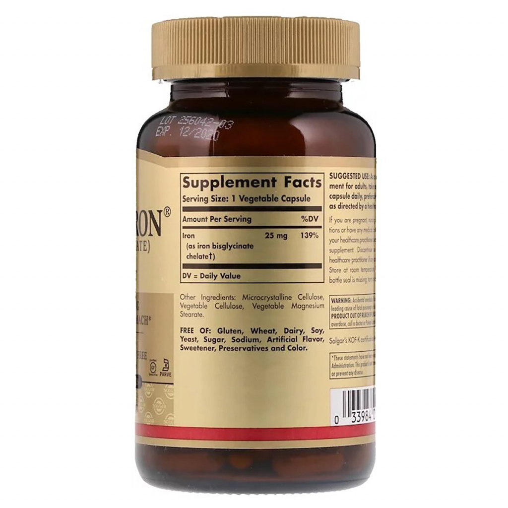 Мінерали Solgar Хелатний Залізо, 25 мг, Gentle Iron, 180 рослінніхапсул (SOL-01250)