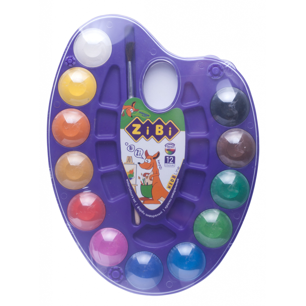 Акварельні фарби ZiBi KIDS Line на палітрі, 12 кол. натур. пензель фіолетові (ZB.6558-07)