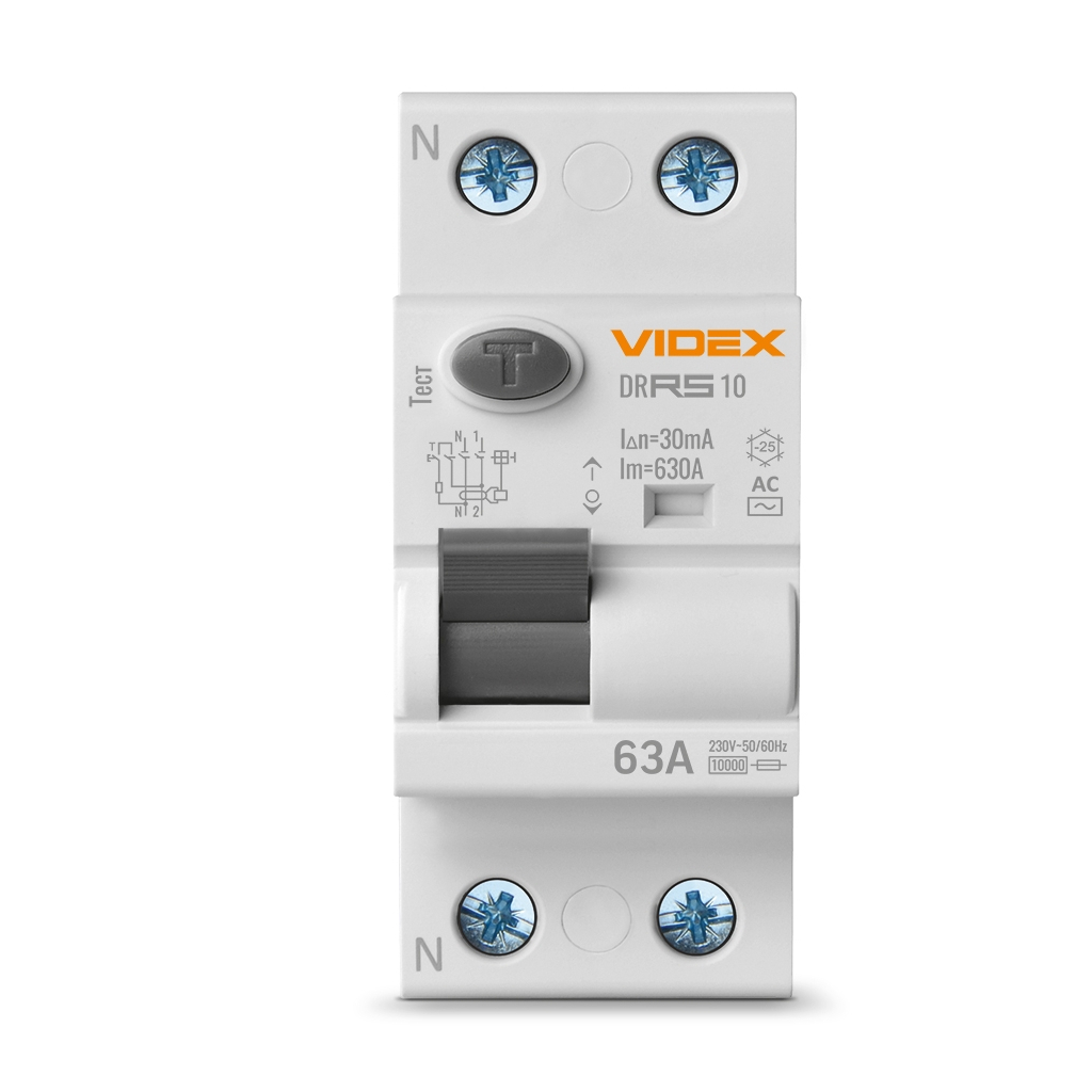 Диференційне реле (ПЗВ) Videx RESIST АС 2п 30мА 10кА 63А (VF-RS10-DR2AC63)