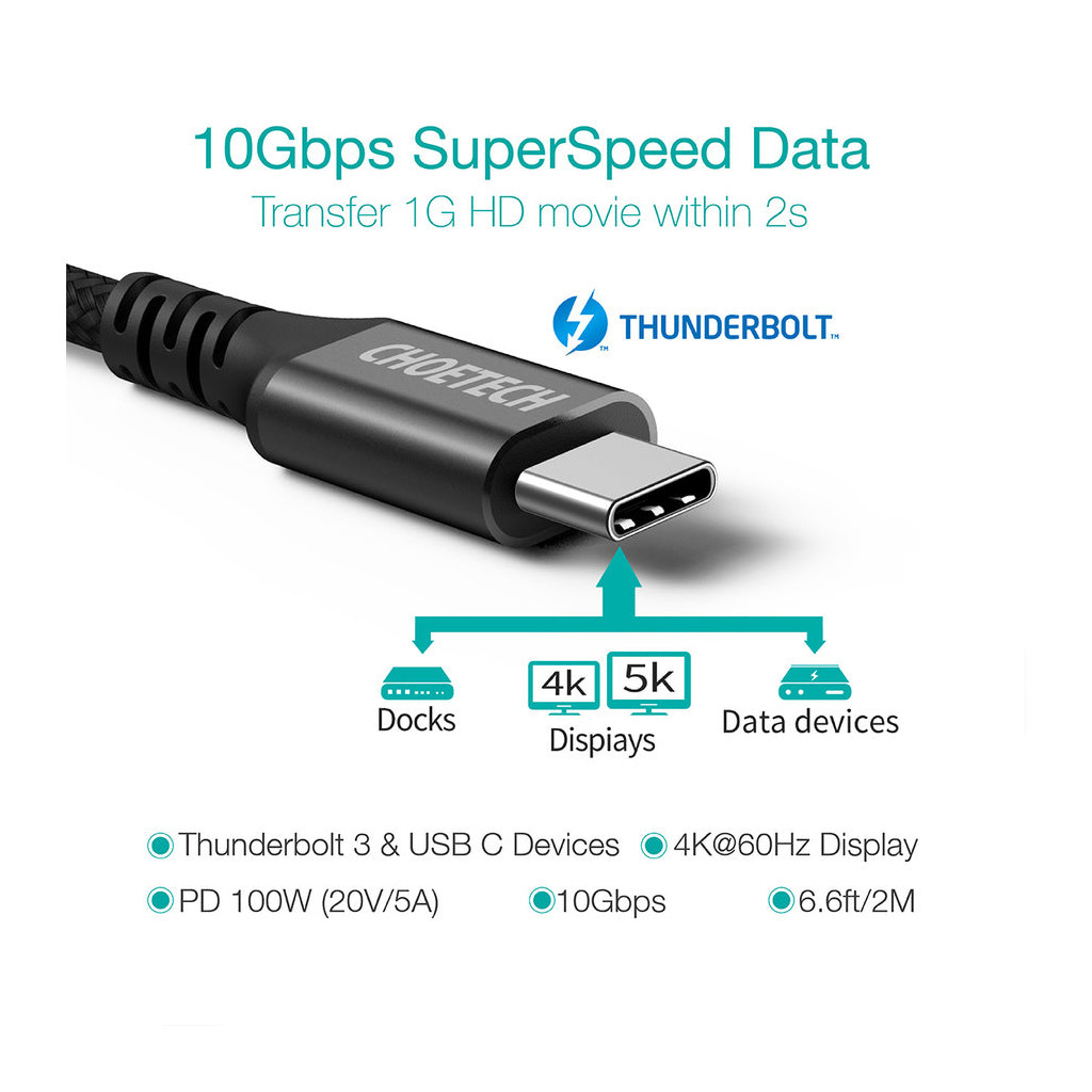 Дата кабель USB-C to USB-C 2.0m 100W 4K60Hz USB3.1 GEN2 Choetech (XCC-1007-V2-BK)