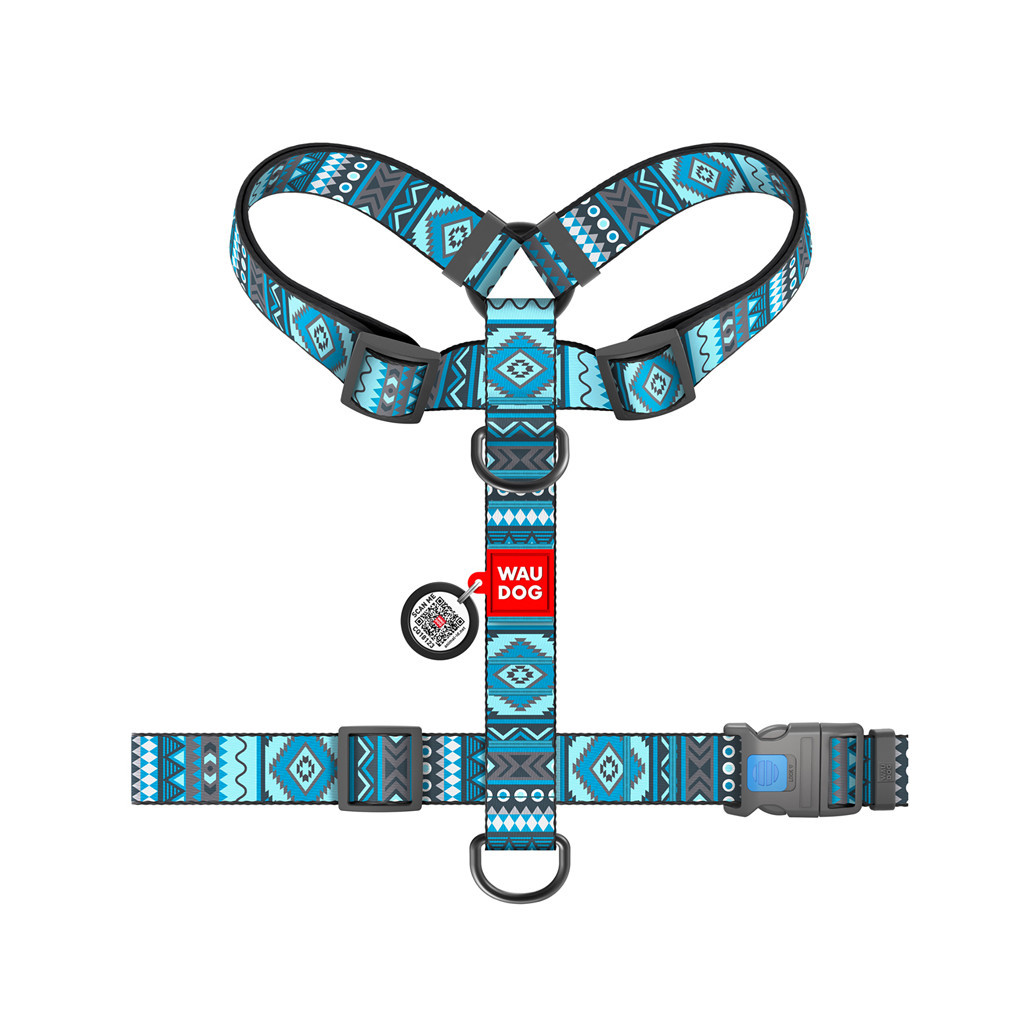 Шлея для собак WAUDOG Nylon анатомічна H-подібна з QR-паспортом "Етно синій" пластиковий фастекс XL (323-0131)
