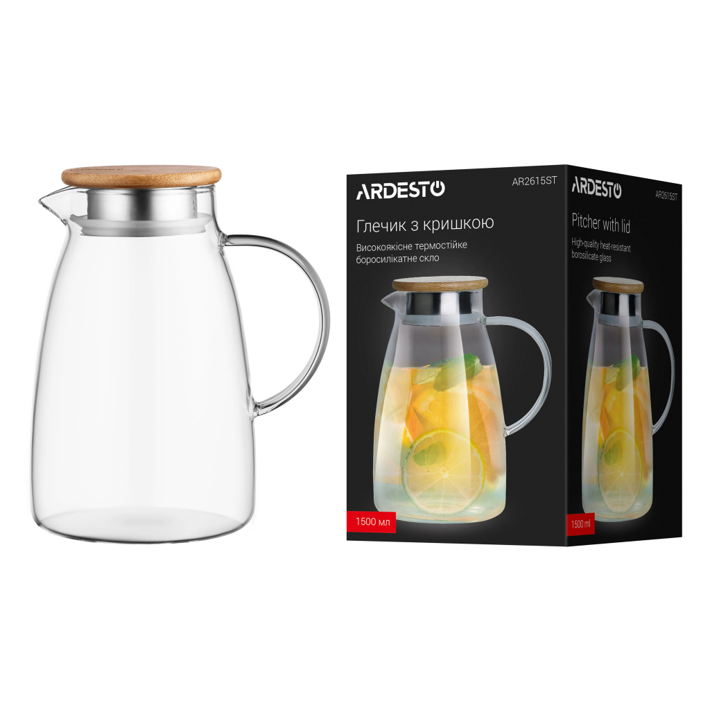 Глечик Ardesto 1500мл, боросилікатне скло, бамбук, прозорий (AR2615ST)