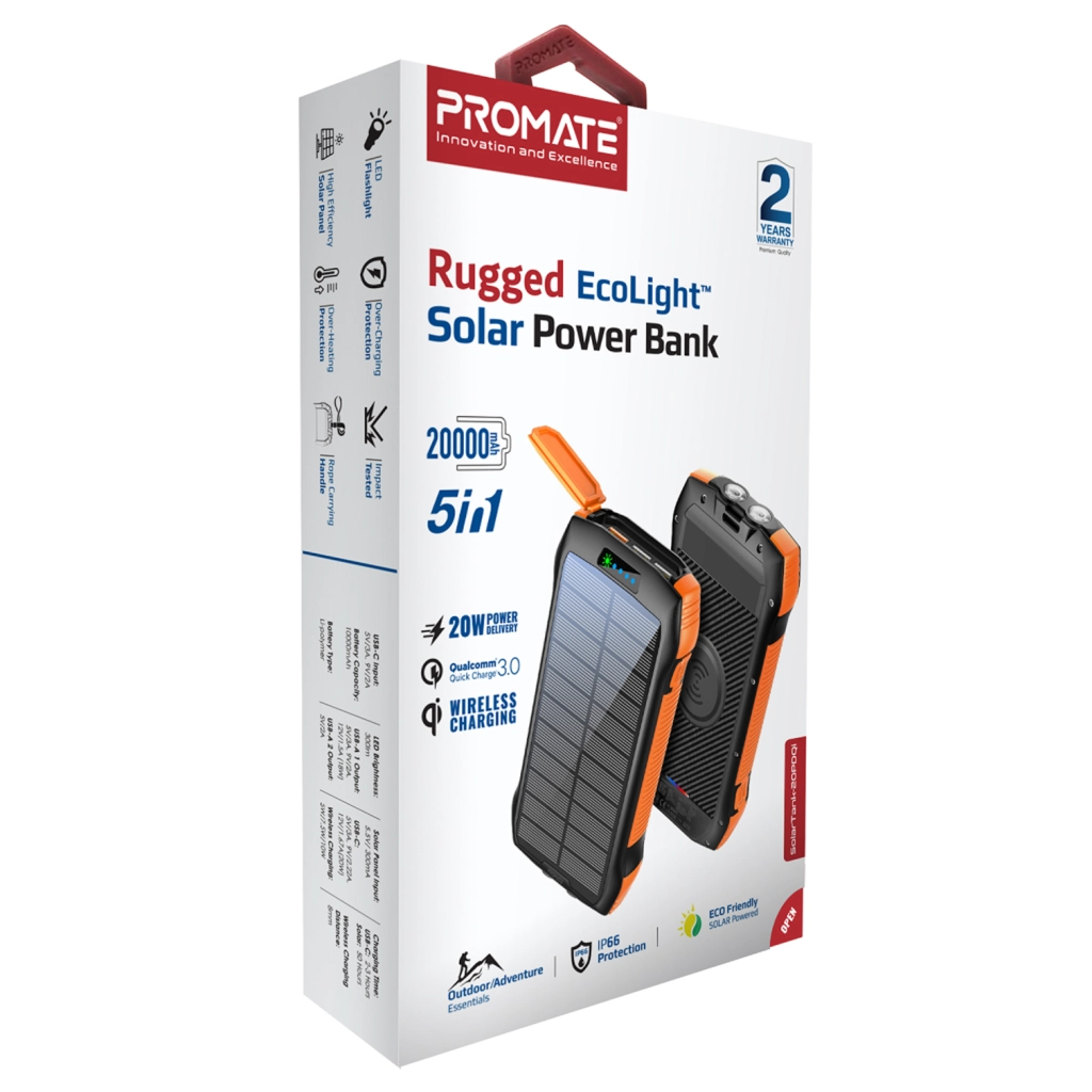 Повербанк Promate 20000mAh PD/20W, QC/3/0, Solar, QI, IP65 (solartank-20pdqi.black) Повербанк Promate 20000mAh PD/20W, QC/3/0, Solar, QI, IP65 (solartank-20pdqi.black)