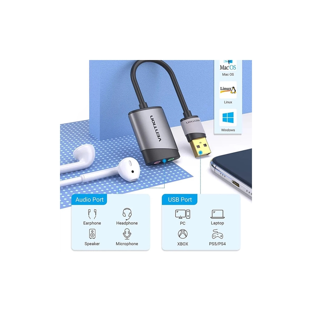 Звукова плата USB AM to 2x3.5mm F 0.15m gray Vention (CDKHB) Звукова плата USB AM to 2x3.5mm F 0.15m gray Vention (CDKHB)