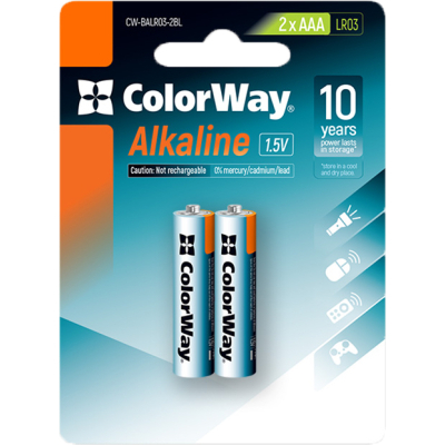 Батарейка ColorWay AAA LR03 Alkaline Power (лужні) * 2 blister (CW-BALR03-2BL)