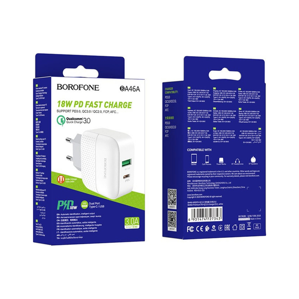 Зарядний пристрій BOROFONE BA46A USB-C PD + USB QC3.0 18W white (6931474727343) Зарядний пристрій BOROFONE BA46A USB-C PD + USB QC3.0 18W white (6931474727343)