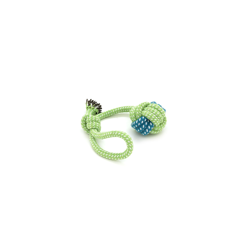 Іграшка для собак Voltronic Мотузка-апорт із вузлами форма кулі з петлею, вузлом 6х14 см зелено-синя (YT41103)