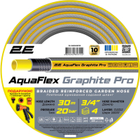 Шланг для поливу 2E AquaFlex Graphite Pro, 3/4", 30м, 4 шари, 20бар, -10…+60°C, зрошувач, 2 конектори, адаптер (2E-GHE34GEP30)
