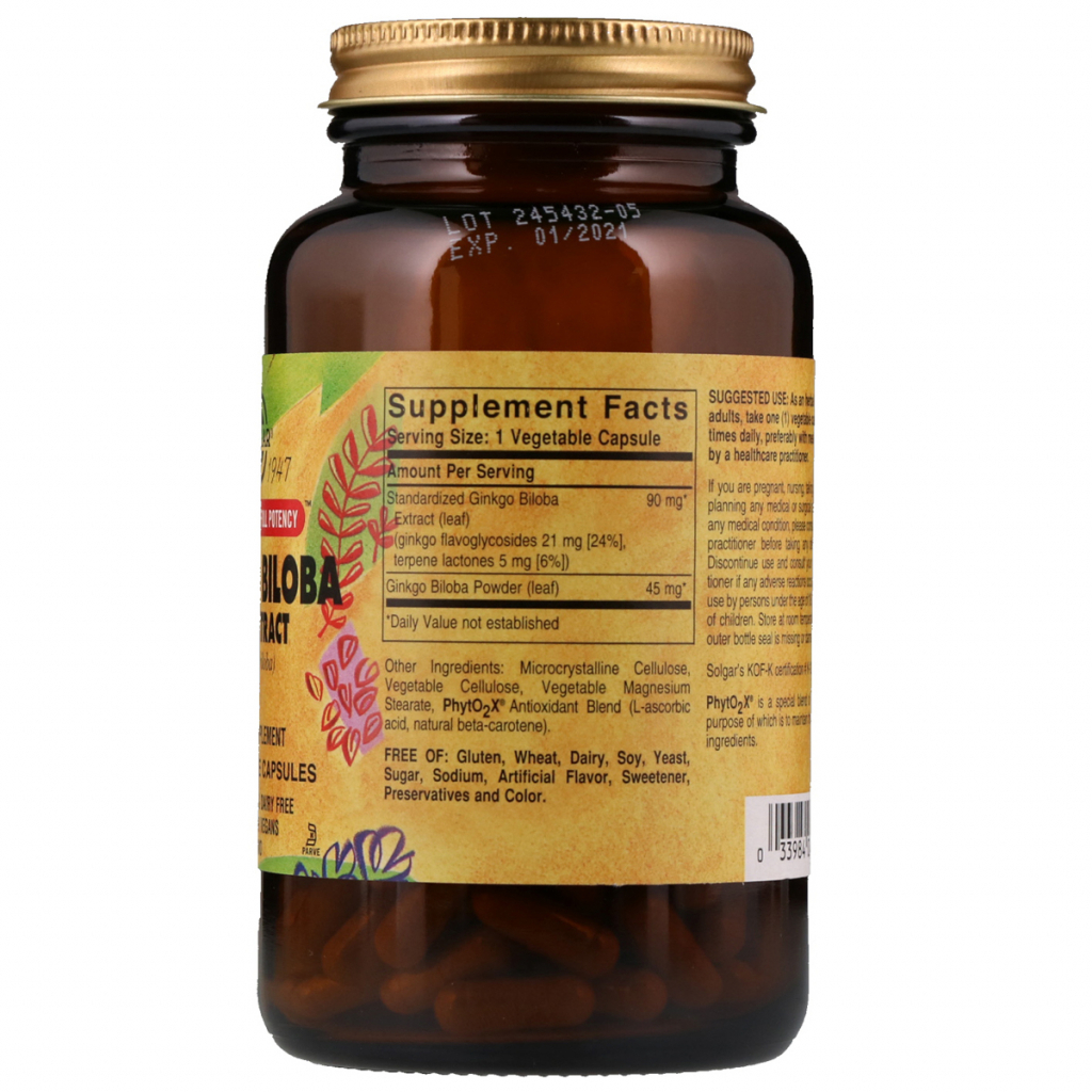 Трави Solgar Екстракт листя гінкго білоба, Ginkgo Biloba Leaf Extract, 18 (SOL-04132)