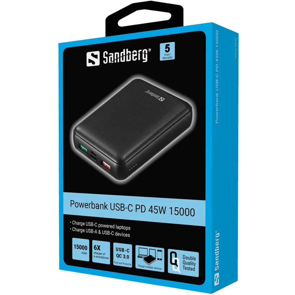 Повербанк Sandberg 15000mAh, PD/45W(20V/2.25A), QC3.0, USB-C, Micro-USB, USB-A*2 (420-66)