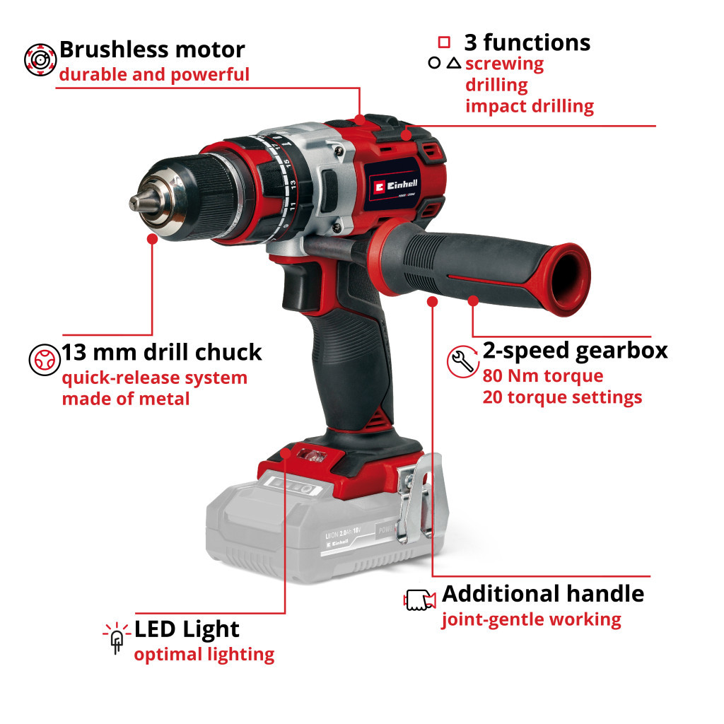 Шуруповерт Einhell TP-CD 18/80 Li-i BL - Solo, PXC 18В, 80Нм (без АКБ та ЗП) (4514305)