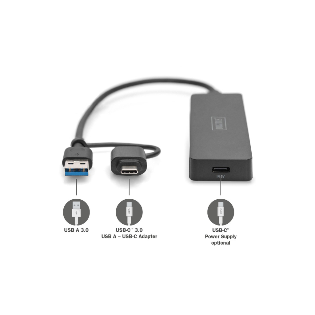 Концентратор Digitus USB-C + USB-A to 4xUSB-A 0.2m black (DA-70235) Концентратор Digitus USB-C + USB-A to 4xUSB-A 0.2m black (DA-70235)