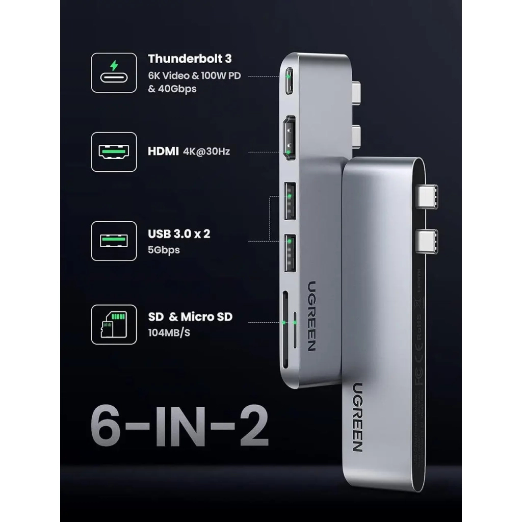 Концентратор Ugreen 2xUSB-C to HDMI + 2xUSB 3.0 + SD/TF + USB-C CM380 gray (80856) Концентратор Ugreen 2xUSB-C to HDMI + 2xUSB 3.0 + SD/TF + USB-C CM380 gray (80856)