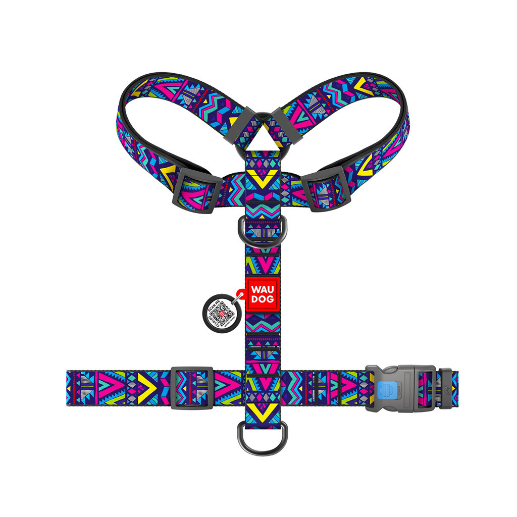 Шлея для собак WAUDOG Nylon анатомічна H-подібна з QR-паспортом "Інді" пластиковий фастекс XL (323-0016)