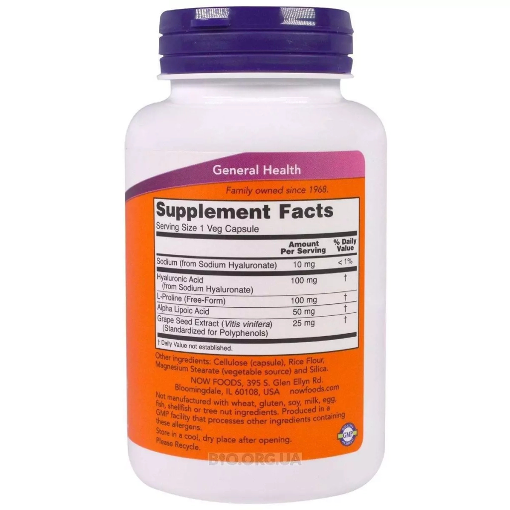 Вітамінно-мінеральний комплекс Now Foods Гіалуронова кислота, Hyaluronic Acid, 100 мг, 120 капсул (NOW-03151)