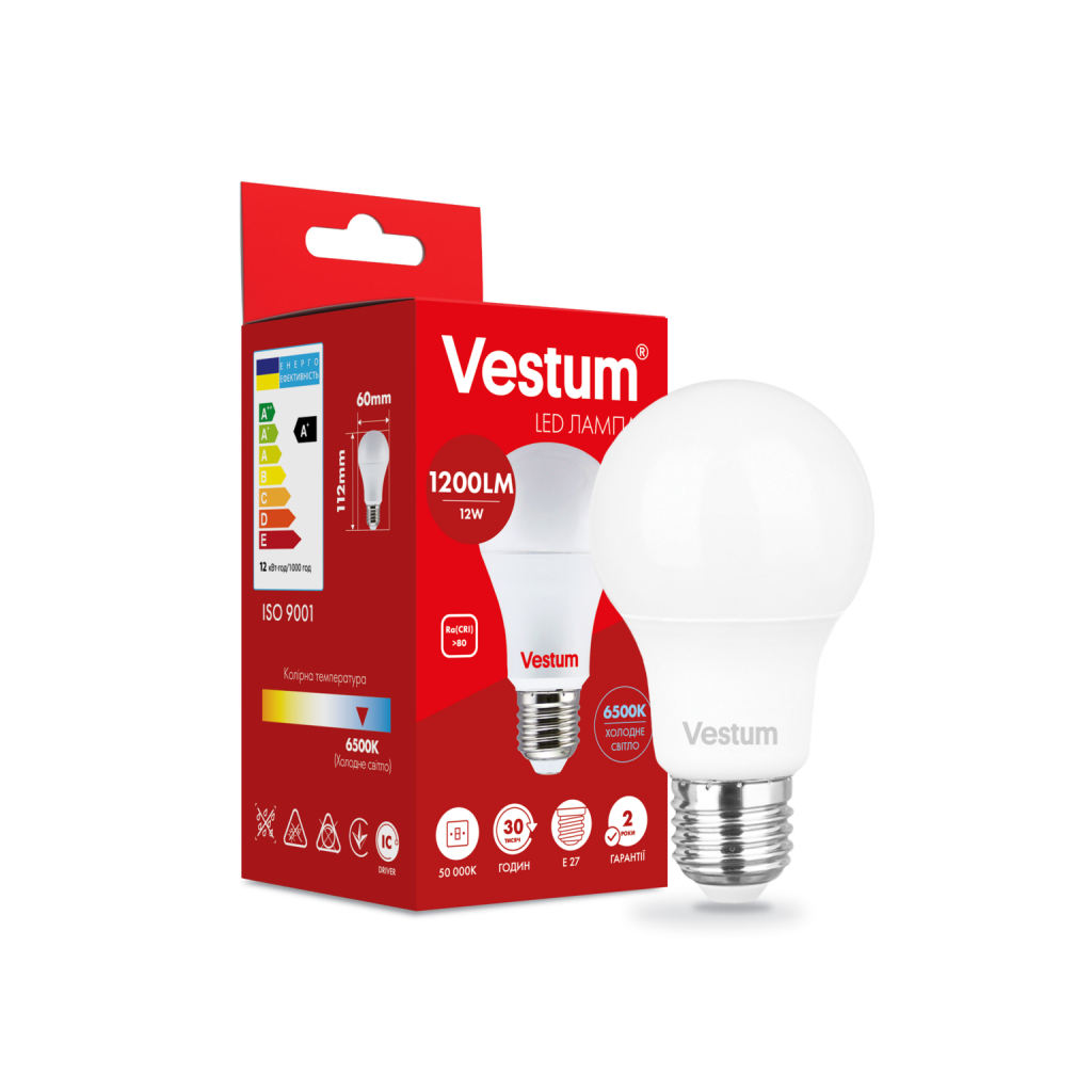 Лампочка Vestum A60 12W 6500K 220V E27 (1-VS-1115) Лампочка Vestum A60 12W 6500K 220V E27 (1-VS-1115)