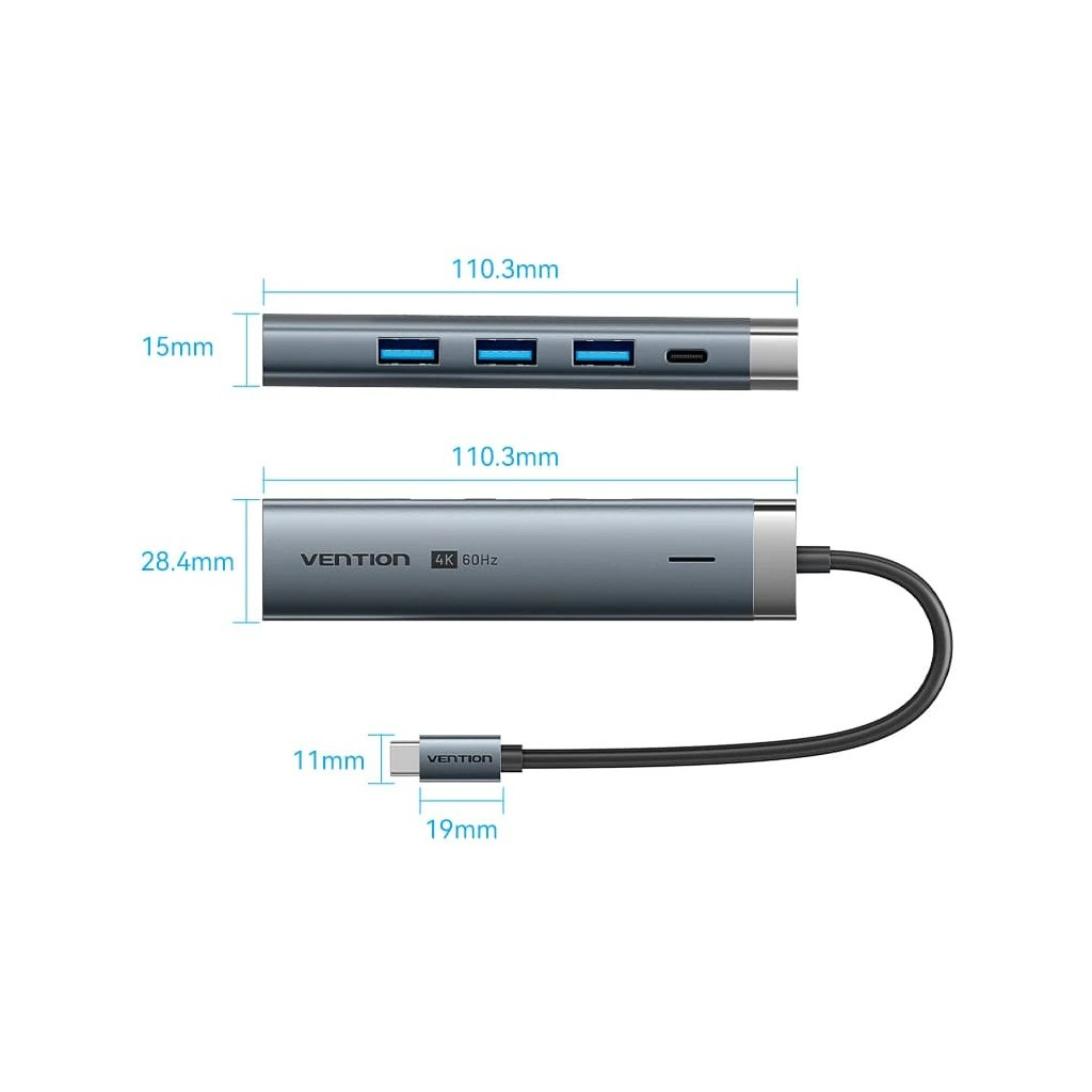 Концентратор Vention USB-C 5-in-1 3xUSB 3.0 + HDMI 4K60Hz + USB-C PD100W gray (TGMHB) Концентратор Vention USB-C 5-in-1 3xUSB 3.0 + HDMI 4K60Hz + USB-C PD100W gray (TGMHB)