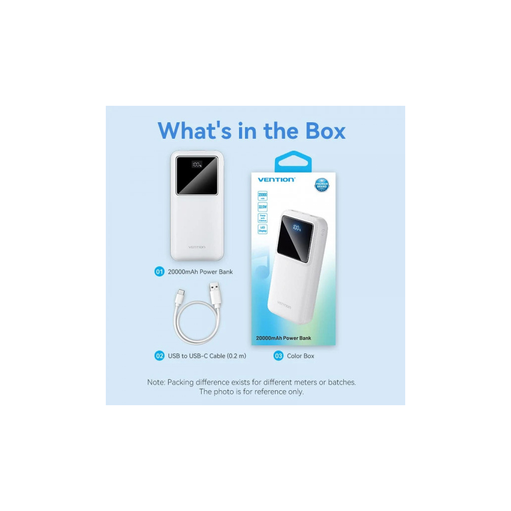 Повербанк Vention 20000mAh 22.5W 3A, PD, QC/3.0, LED Display, White (FHLW0)