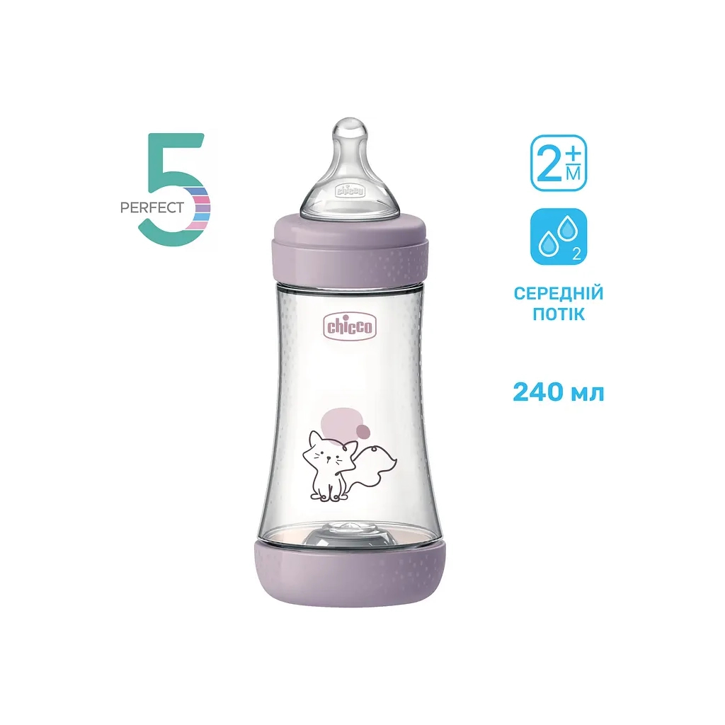Пляшечка для годування Chicco Perfect 5 із силіконовою соскою 2+ місяців 240 мл Рожева (20223.12.40) Пляшечка для годування Chicco Perfect 5 із силіконовою соскою 2+ місяців 240 мл Рожева (20223.12.40)