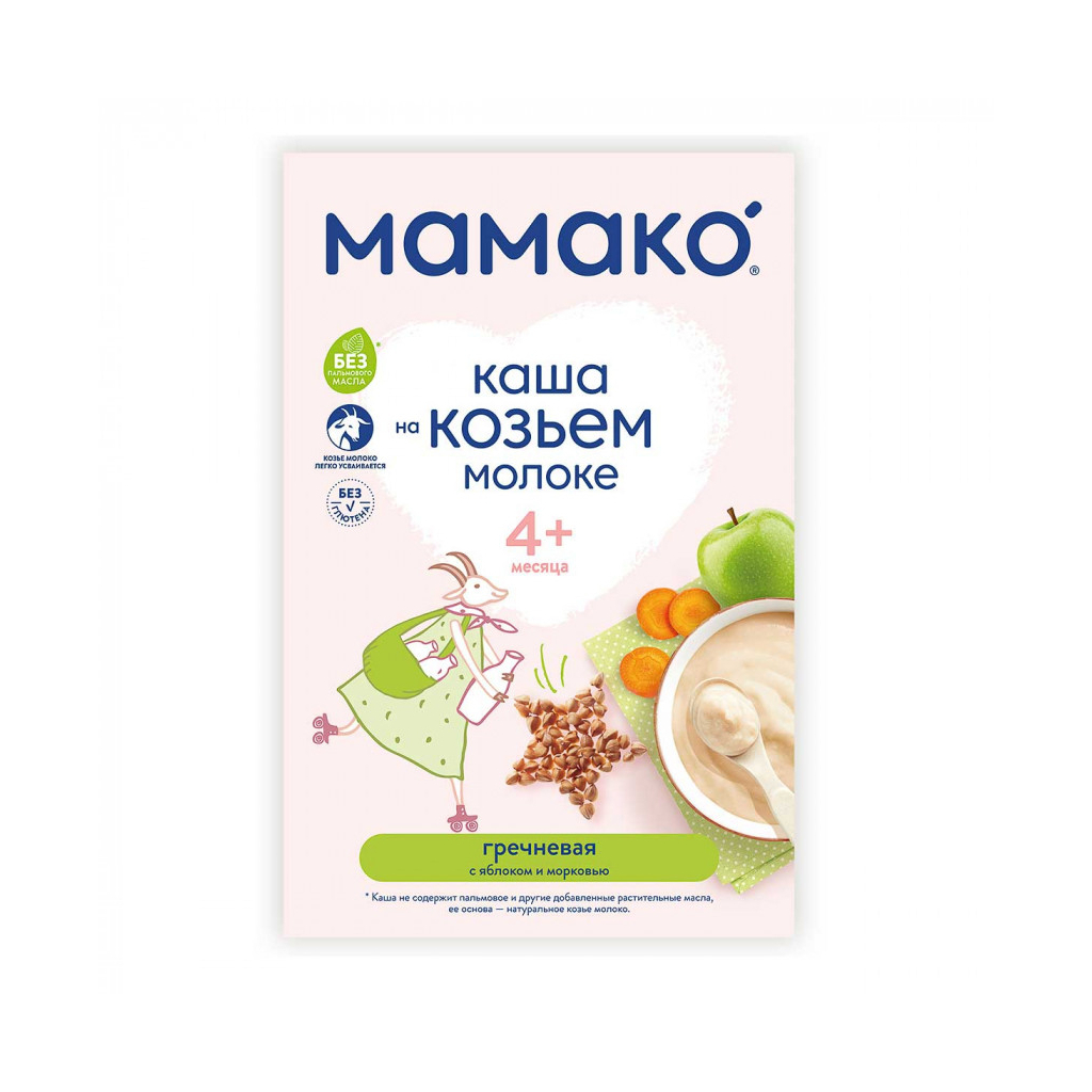 Дитяча каша MAMAKO молочна гречана з яблуком і морквою на козячому молоці 200 г (4607088795826)