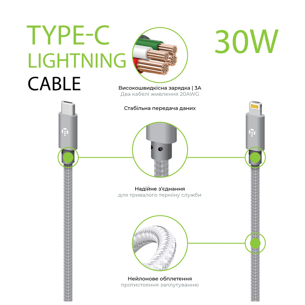 Дата кабель USB-C to Lightning 1.0m CBGNYTL1 30W Grey Intaleo (1283126559587)