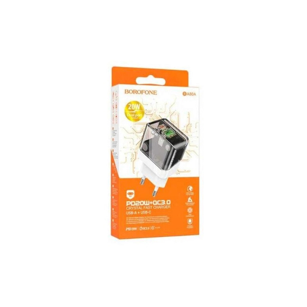 Зарядний пристрій BOROFONE BA80A Scenery 1xUSB-C PD20W + 1xUSB QC3.0 Transparent Black (6941991105159)