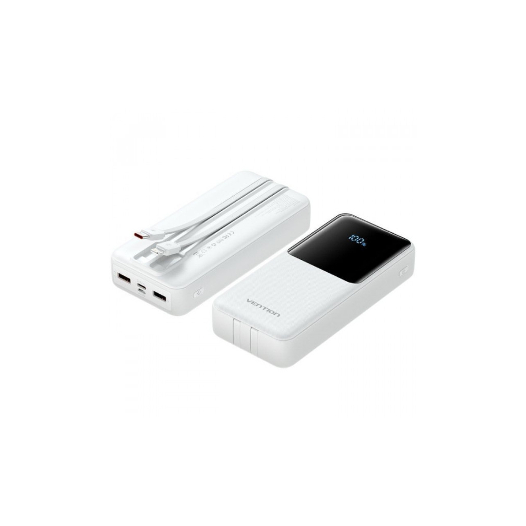 Повербанк Vention 20000mAh 22.5W 3A, PD, QC/3.0, Built-in USB-C+Lightning Cables, White (FHPW0)