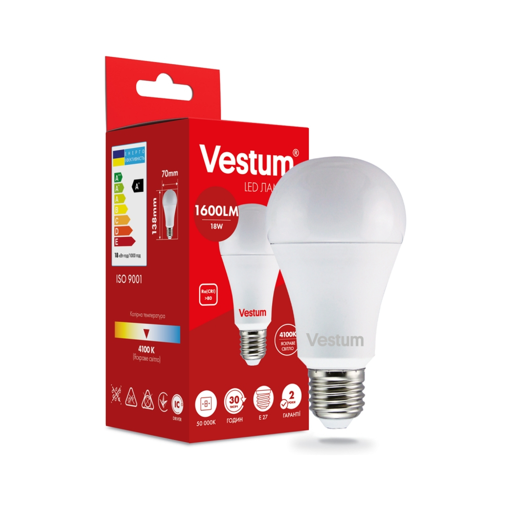 Лампочка Vestum A70 18W 4100K 220V E27 (1-VS-1111) Лампочка Vestum A70 18W 4100K 220V E27 (1-VS-1111)