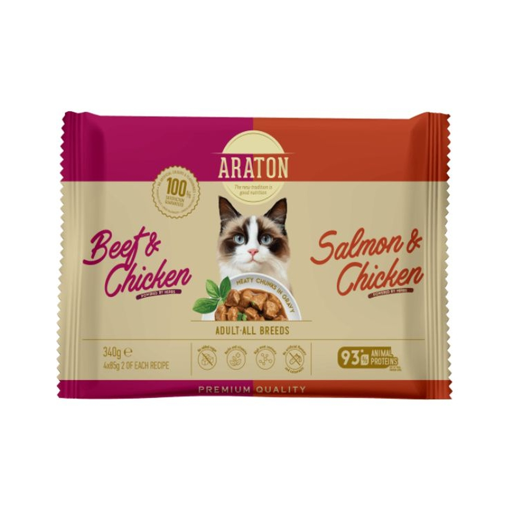 Вологий корм для кішок ARATON Set Adult (Лосось і курка, Яловичина і курка) 4x85 г (ART47929)