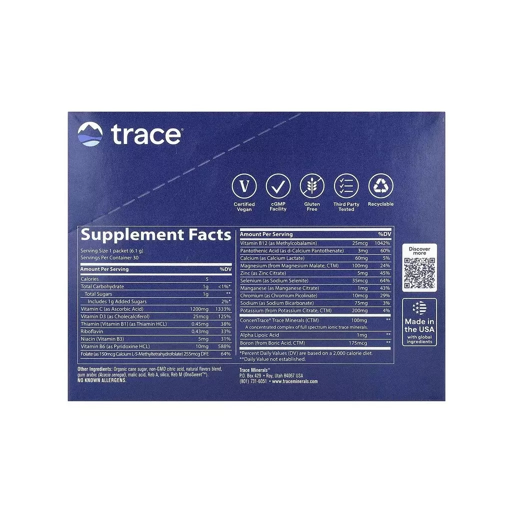 Вітамінно-мінеральний комплекс Trace Електроліти, смак ананаса кокосу, Power Pak, 30 пакетів по 6 (TMR00249)