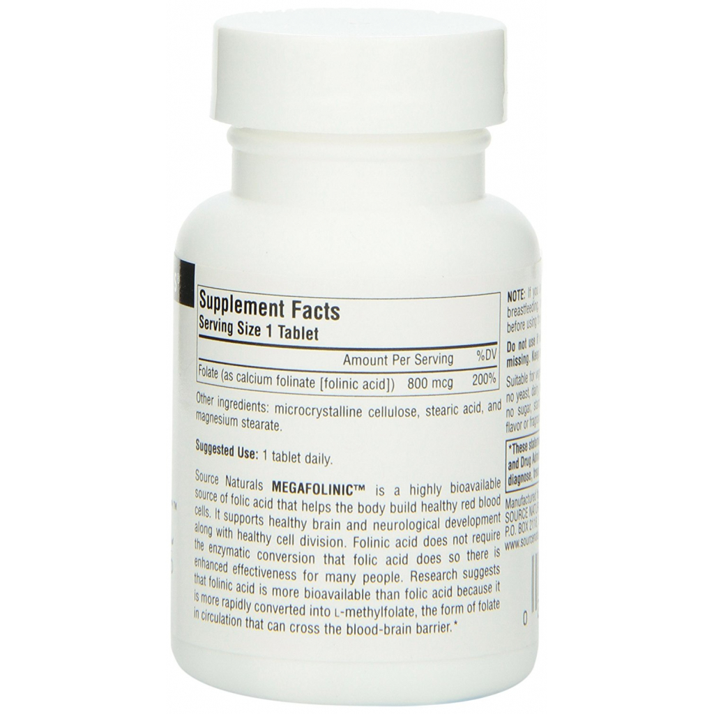 Вітамін Source Naturals Біоактивна Форма Фолієвої Кислоти (В9) 800мкг, MegaFolinic, (SN2027)