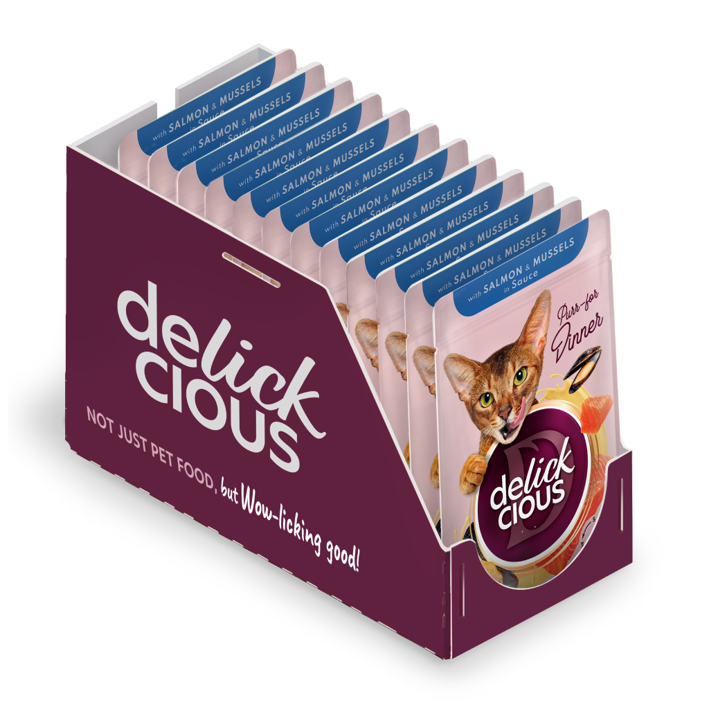 Вологий корм для кішок Delickcious Шматочки з лососем і мідіями в соусі 85 г (4820269143135)