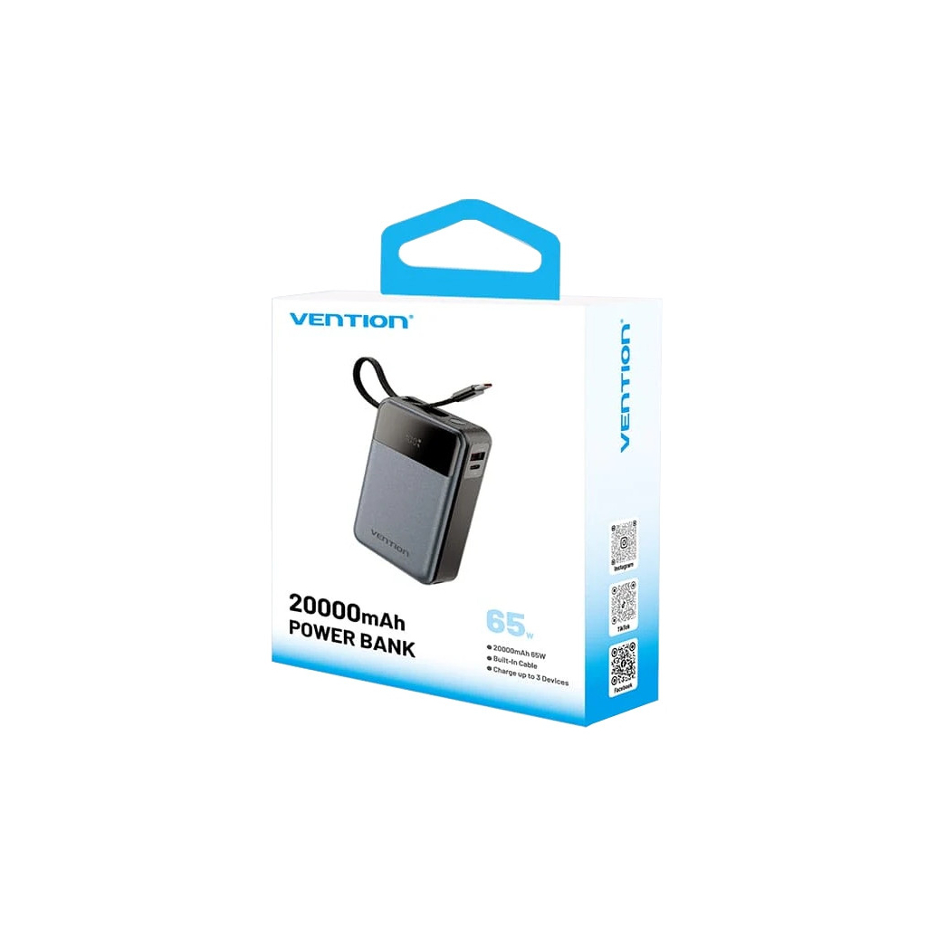 Повербанк Vention 20000mAh 65W 3A PD, QC/3.0, USB-A, Type-C OUT, with Built-in USB-C Cable, LED Display (FHYB0)