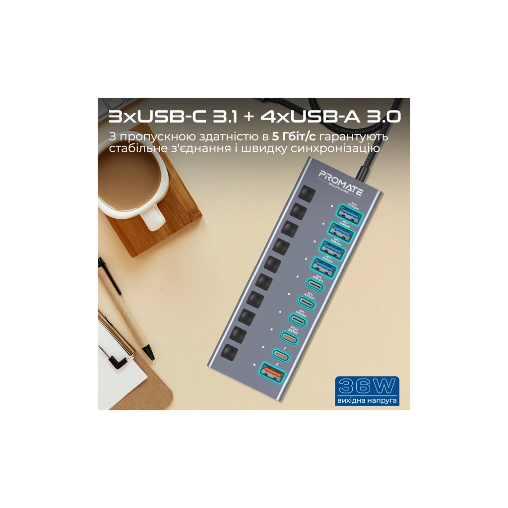 Концентратор Promate USB-C 10-in-1 5xUSB-C + 5xUSB gray (gegahub-5g)