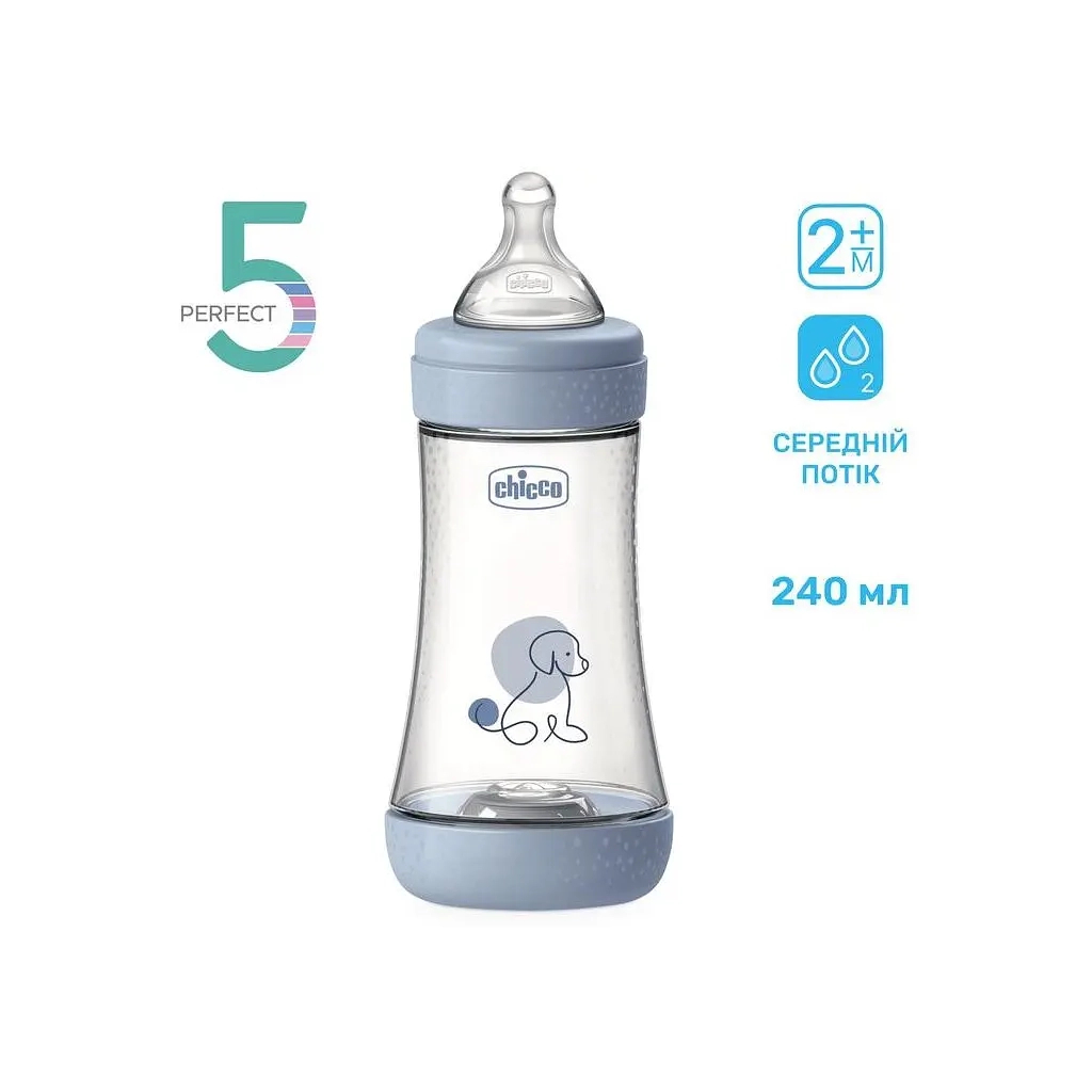 Пляшечка для годування Chicco Perfect 5 із силіконовою соскою 2+ місяців 240 мл Блакитна (20223.22.40) Пляшечка для годування Chicco Perfect 5 із силіконовою соскою 2+ місяців 240 мл Блакитна (20223.22.40)