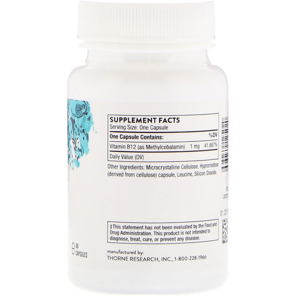 Вітамін Thorne Research Метилкобаламін, Methylcobalamin 1000 мкг, 60 капсул (THR-12502)