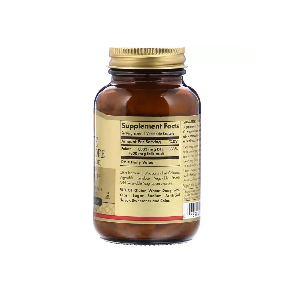 Вітамін Solgar Фолієва Кислота (В9), Folic Acid, 800 мкг, 250 рослинних кап (SOL-01092)