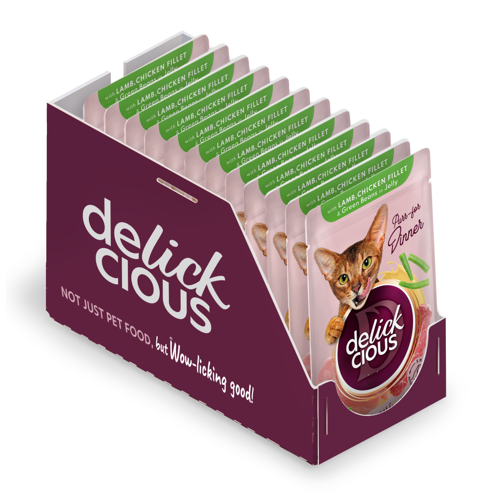 Вологий корм для кішок Delickcious Шматочки з ягнятиною, курячим філе і квасолею спаржевою в желе 85 г (4820269143128)