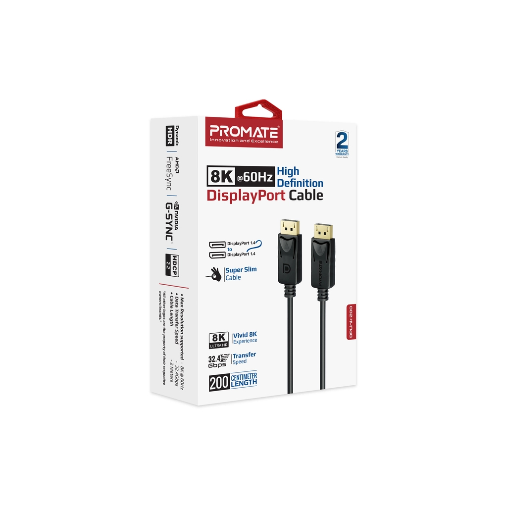 Кабель мультимедійний DisplayPort M to DisplayPort M 2.0m V1.4 black Promate (dplink-200.black)