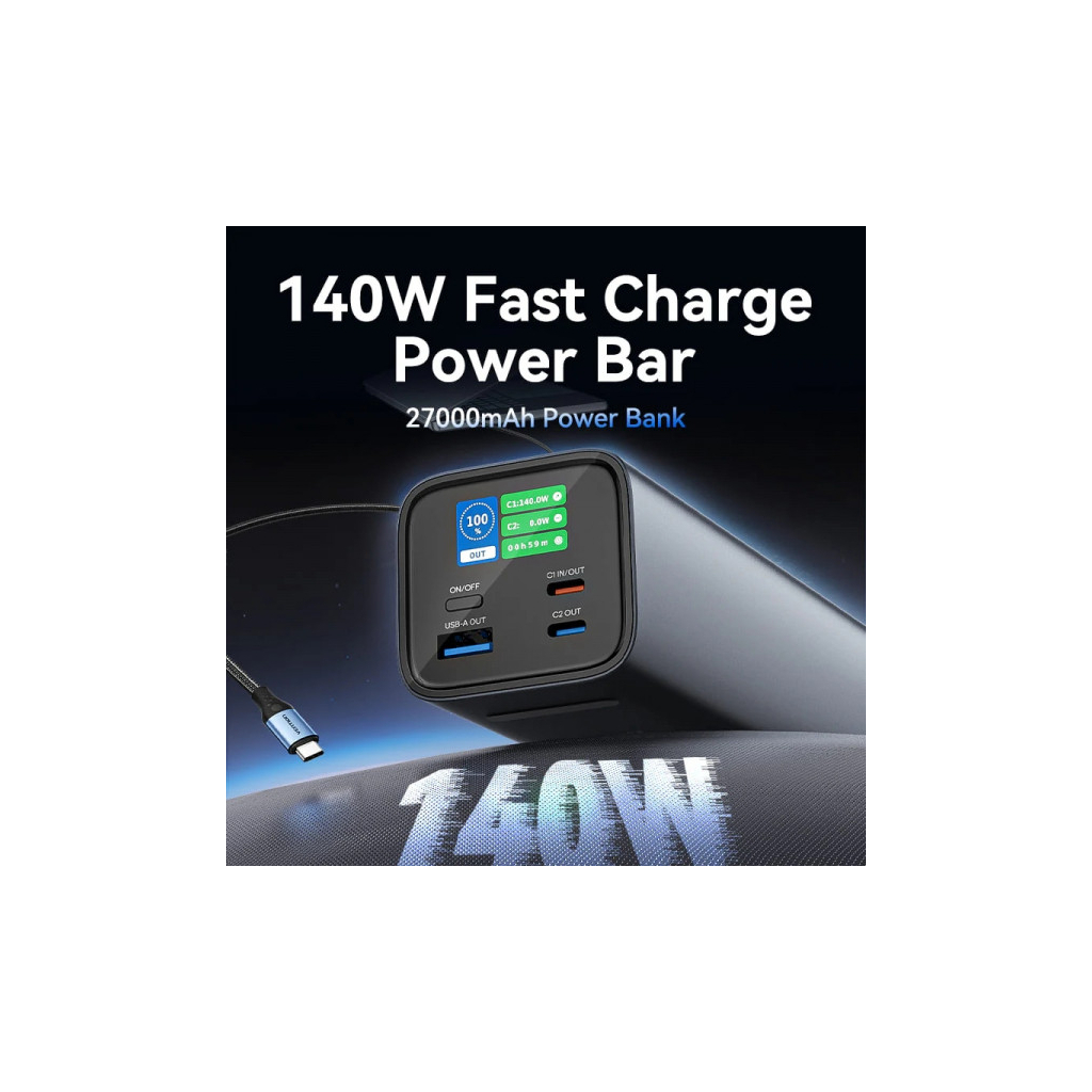 Батарея універсальна VENTION 27000mAh 140W 5A PD, QC/3.0, 2xUSB-C, USB-A, LED Display, Gray (FHVH0)