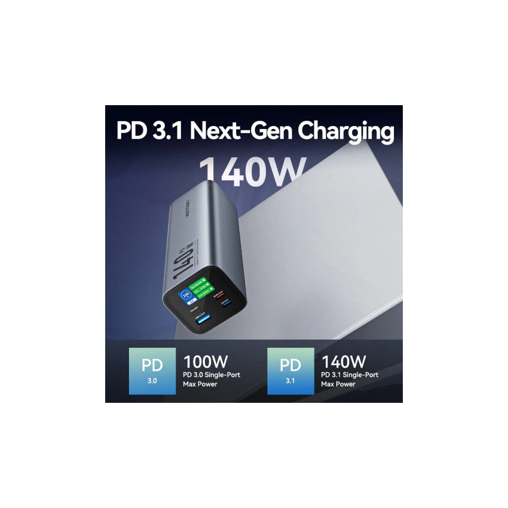 Батарея універсальна VENTION 27000mAh 140W 5A PD, QC/3.0, 2xUSB-C, USB-A, LED Display, Gray (FHVH0)