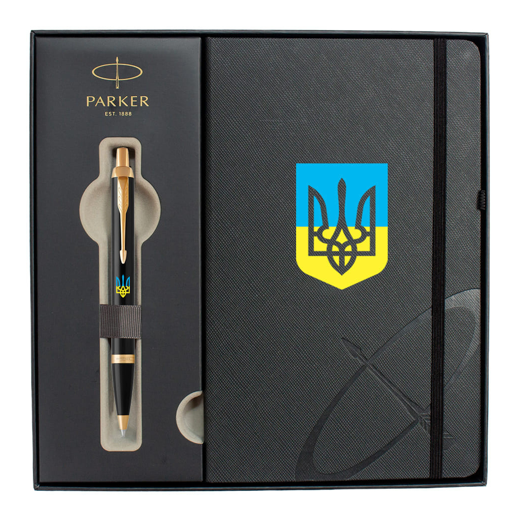 Ручка кулькова Parker IM 17 UKRAINE Black GT BP Тризуб син-жовт. + блокнот Parker + подар.упаковка GIFT24 (22032b24_T0016u) Ручка кулькова Parker IM 17 UKRAINE Black GT BP Тризуб син-жовт. + блокнот Parker + подар.упаковка GIFT24 (22032b24_T0016u)